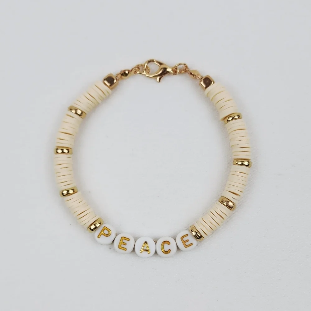 Handmade Word Peace Cream And Gold Bracelet